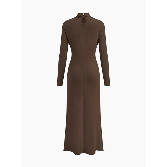 Commense Brown Turtleneck Maxi Dress with Gold Ring Detail Long Sleeve Size M - Picture 9 of 16